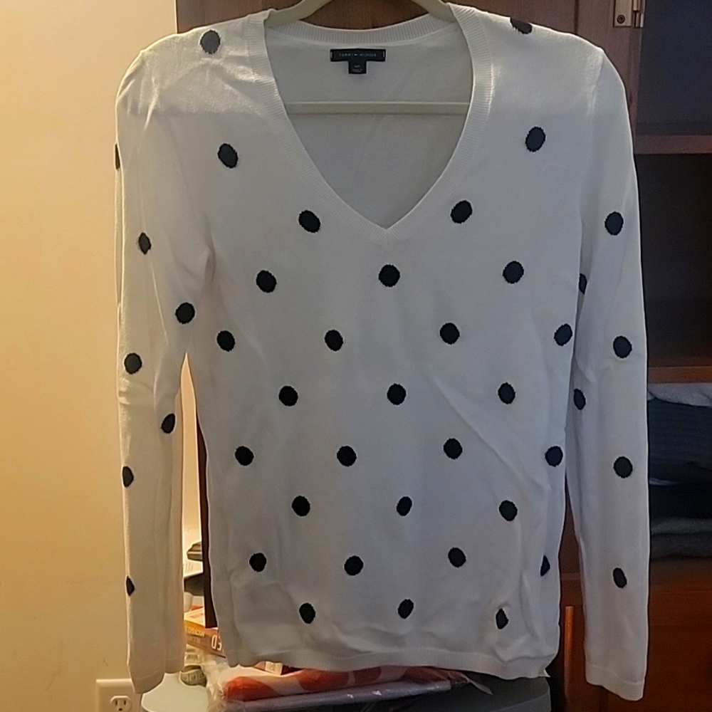 Beautiful off white sweater with navy dots
